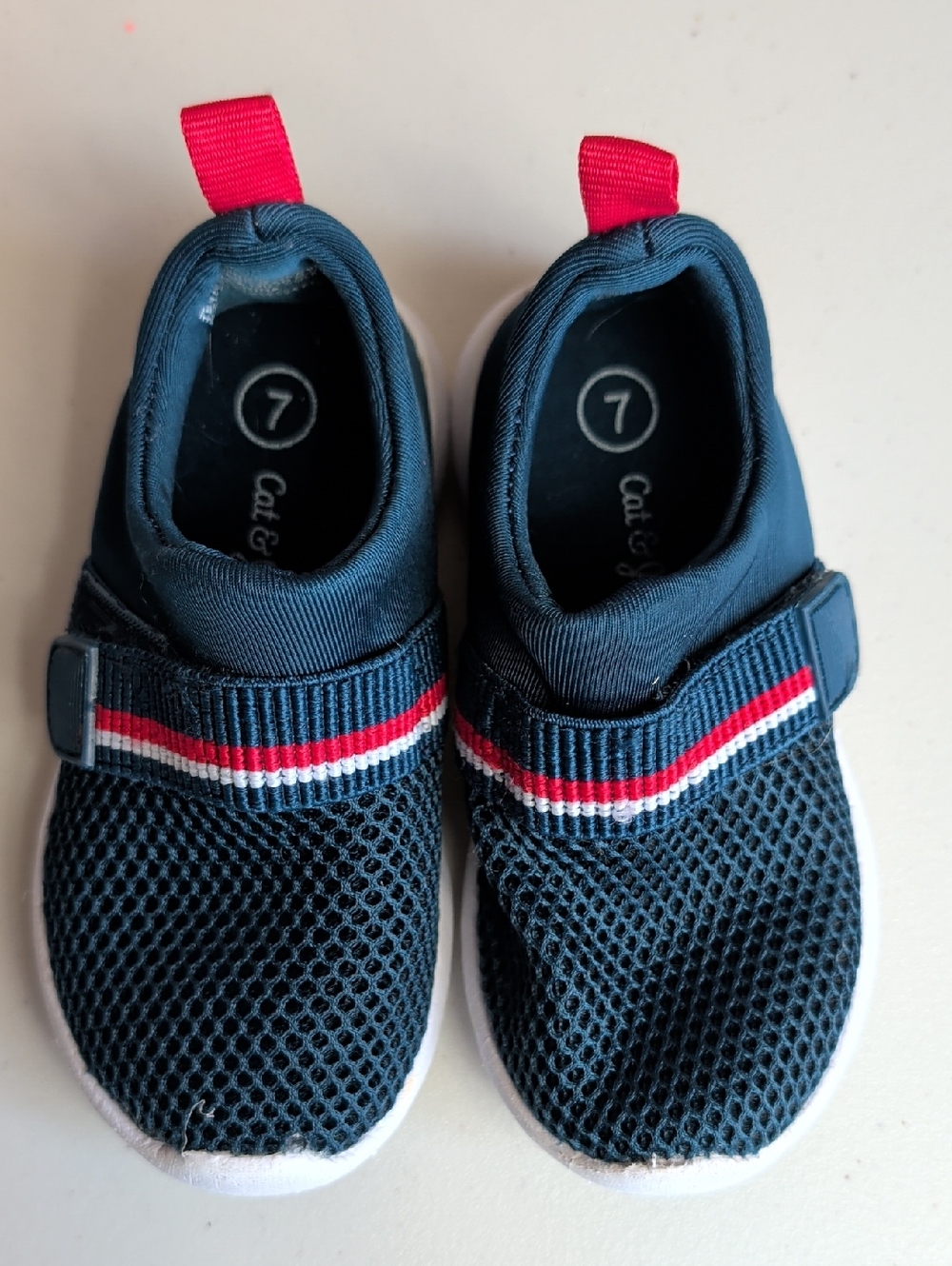 Cat & Jack Navy Mesh Slip-On Sneakers with Red and White Stripes